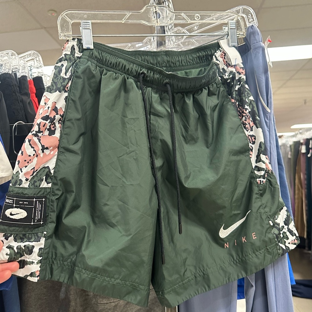 Nike Women's Olive and Pink Patterned Athletic Shorts